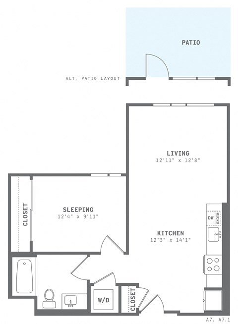 Floor plan for 1 bed, 1 bath, 654 sqft